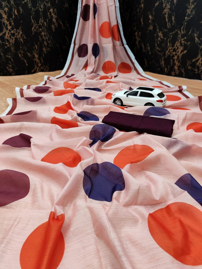 Light peach cotton chanderi original digital printed work saree