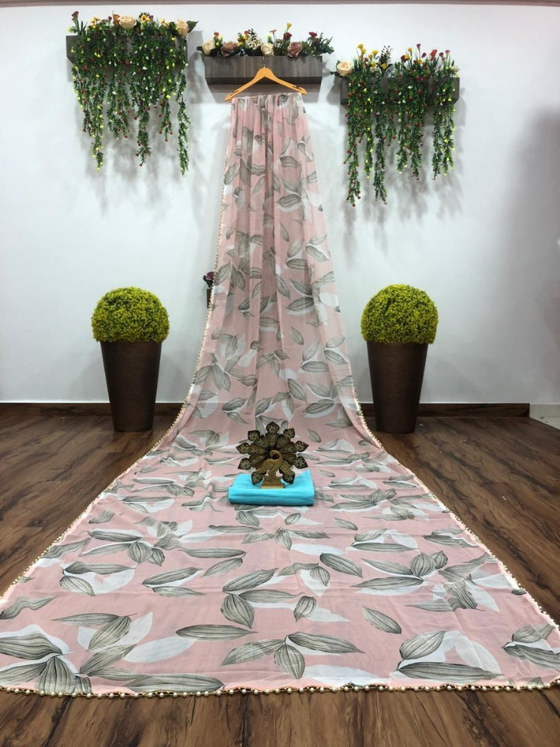 Light peach georgette digital printed motilace saree