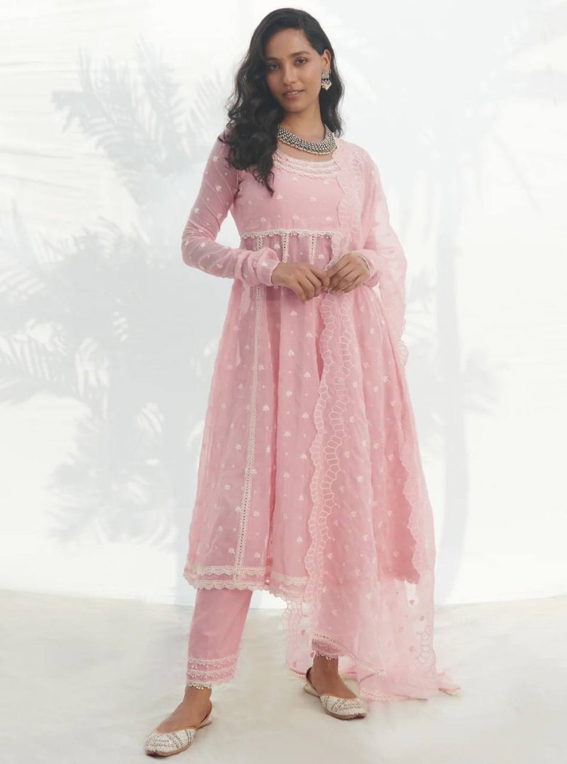 Light peach georgette embroidery work pant suit