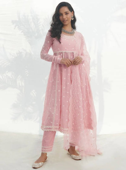 Light peach georgette embroidery work pant suit