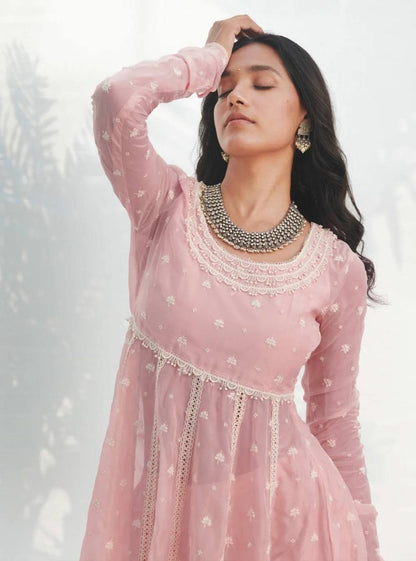 Light peach georgette embroidery work pant suit