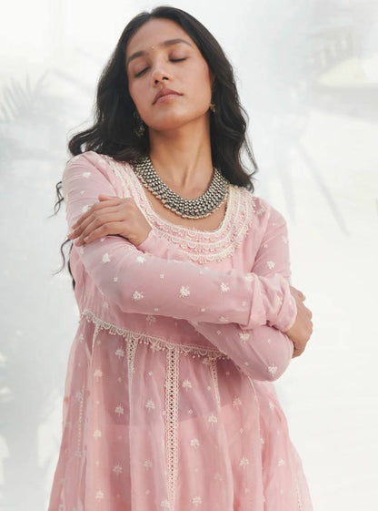 Light peach georgette embroidery work pant suit