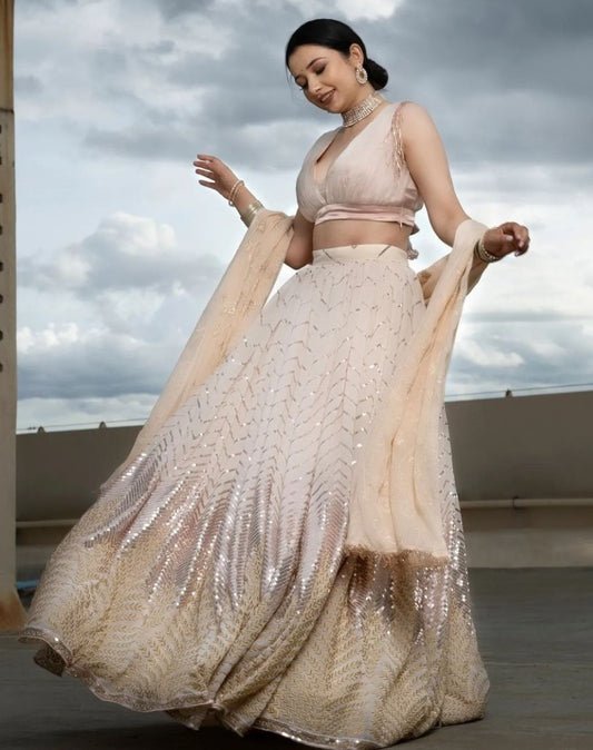 Light peach georgette heavy embroidery work lehenga choli for ceremony