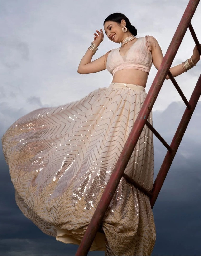 Light peach georgette heavy embroidery work lehenga choli for ceremony