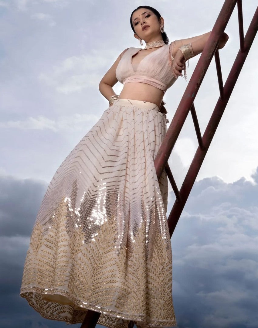 Light peach georgette heavy embroidery work lehenga choli for ceremony