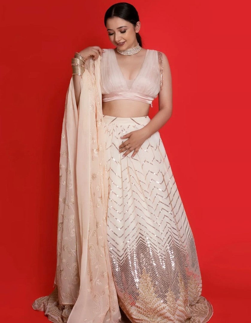 Light peach georgette heavy embroidery work lehenga choli for ceremony