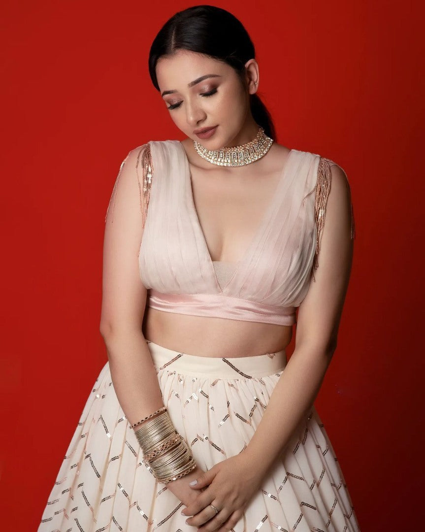 Light peach georgette heavy embroidery work lehenga choli for ceremony