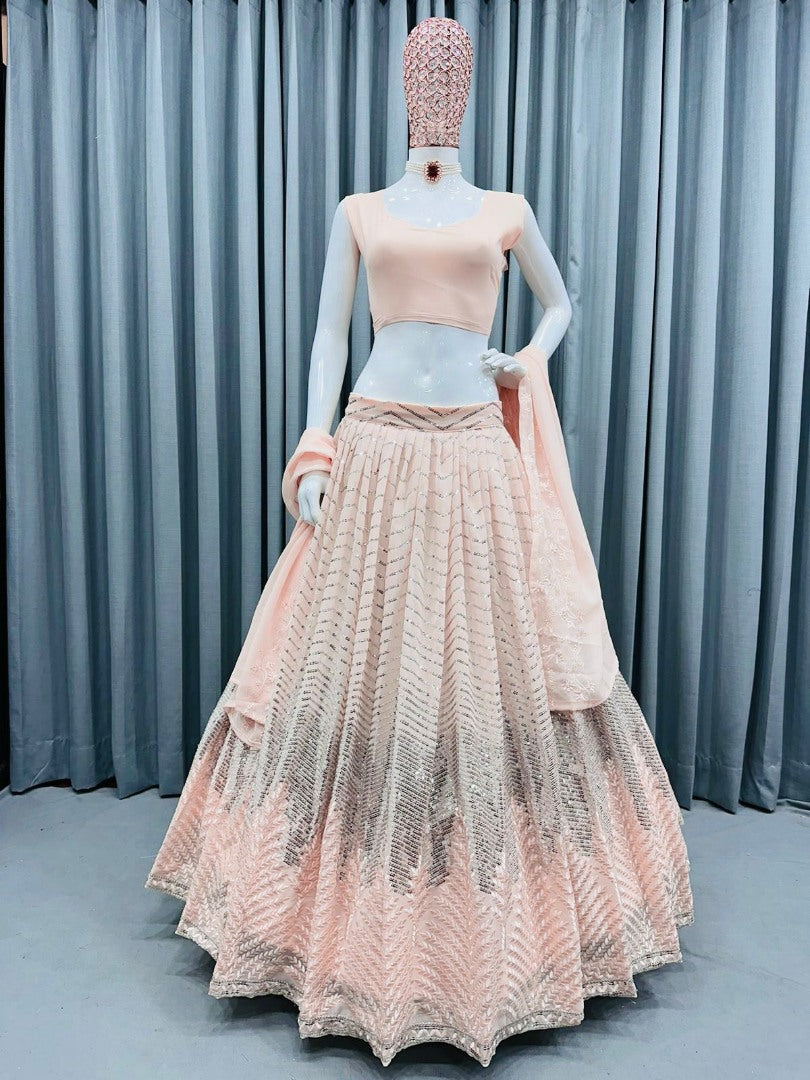 Light peach georgette heavy embroidery work lehenga choli for ceremony