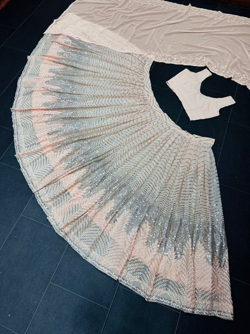 Light peach georgette heavy embroidery work lehenga choli for ceremony