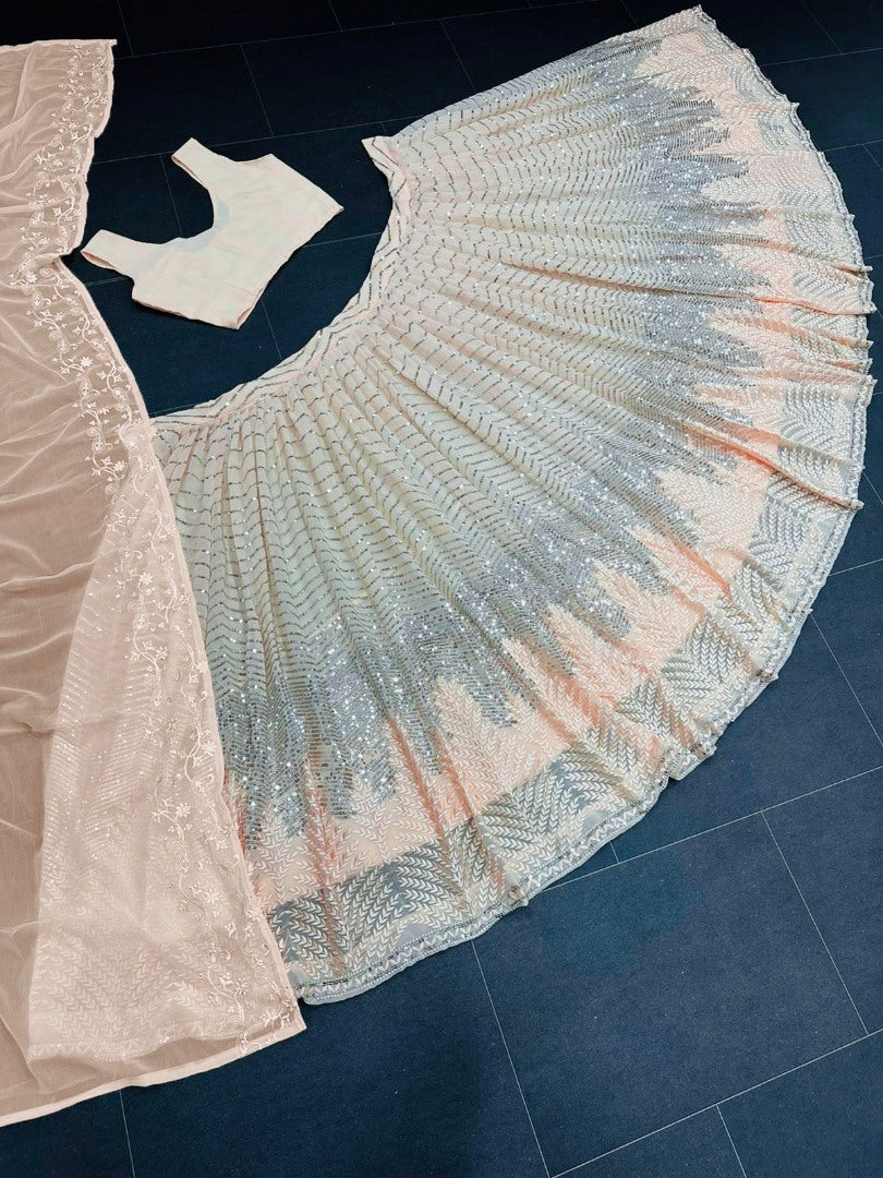 Light peach georgette heavy embroidery work lehenga choli for ceremony