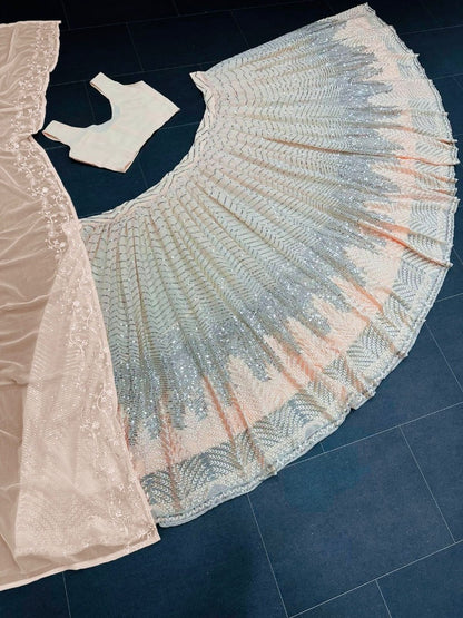 Light peach georgette heavy embroidery work lehenga choli for ceremony