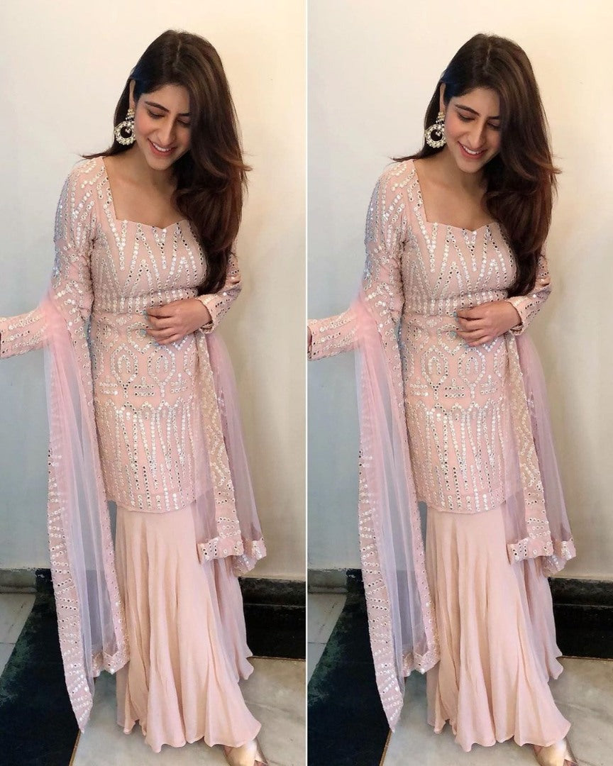 Light peach georgette paper mirror work plazzo salwar suit