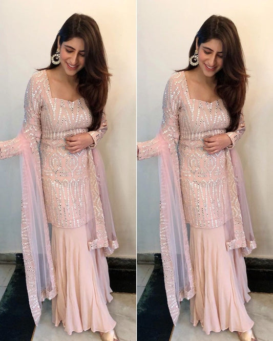 Light peach georgette paper mirror work plazzo salwar suit