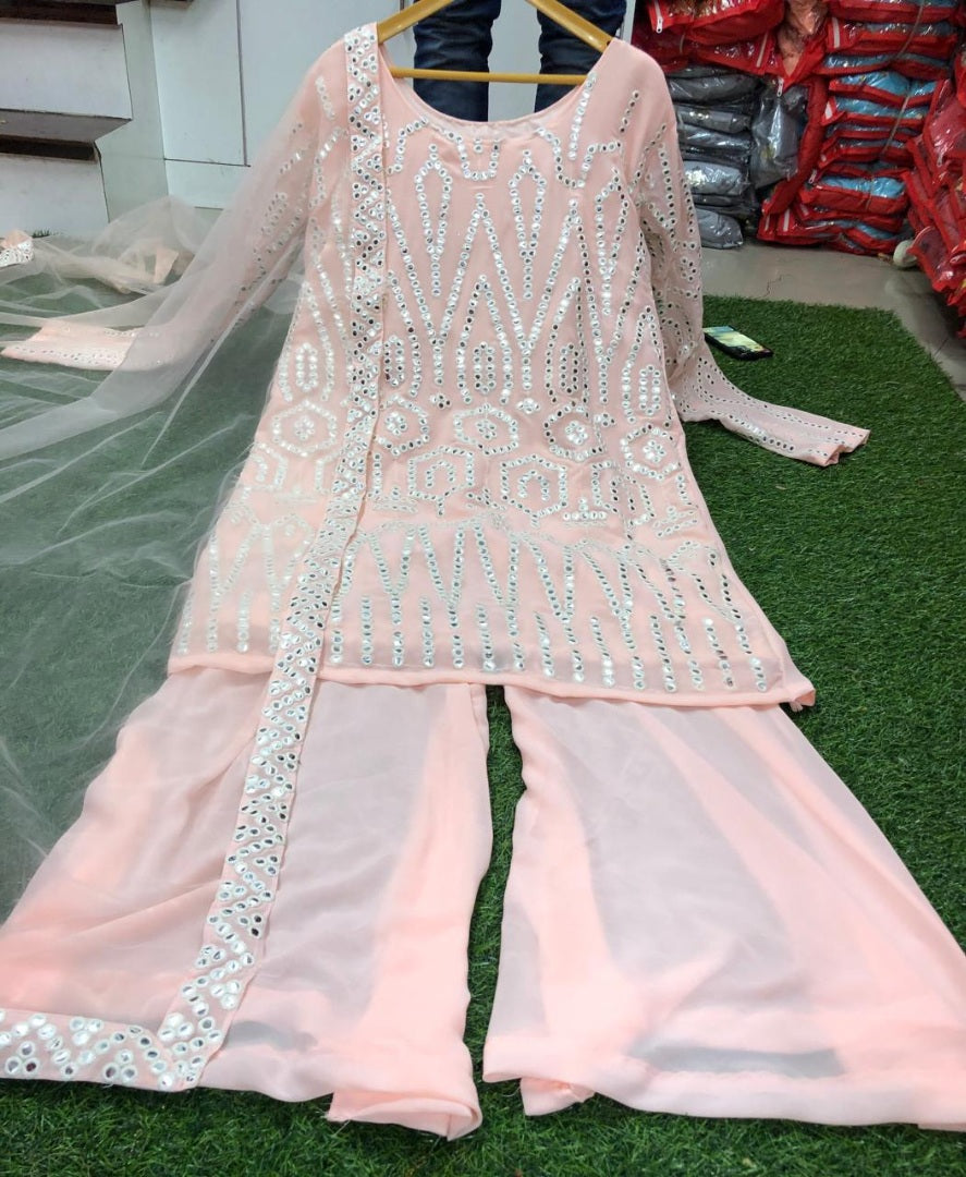 Light peach georgette paper mirror work plazzo salwar suit