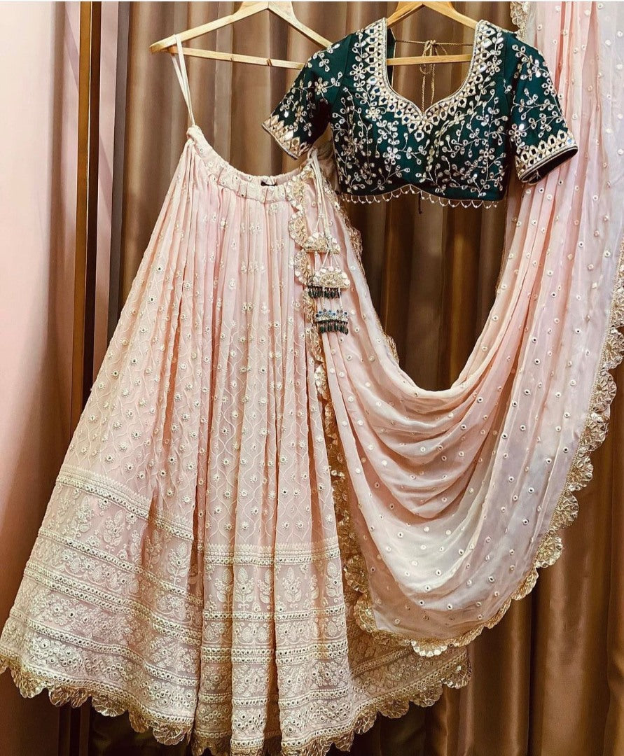 Light peach georgette thread and paper work wedding lehenga choli