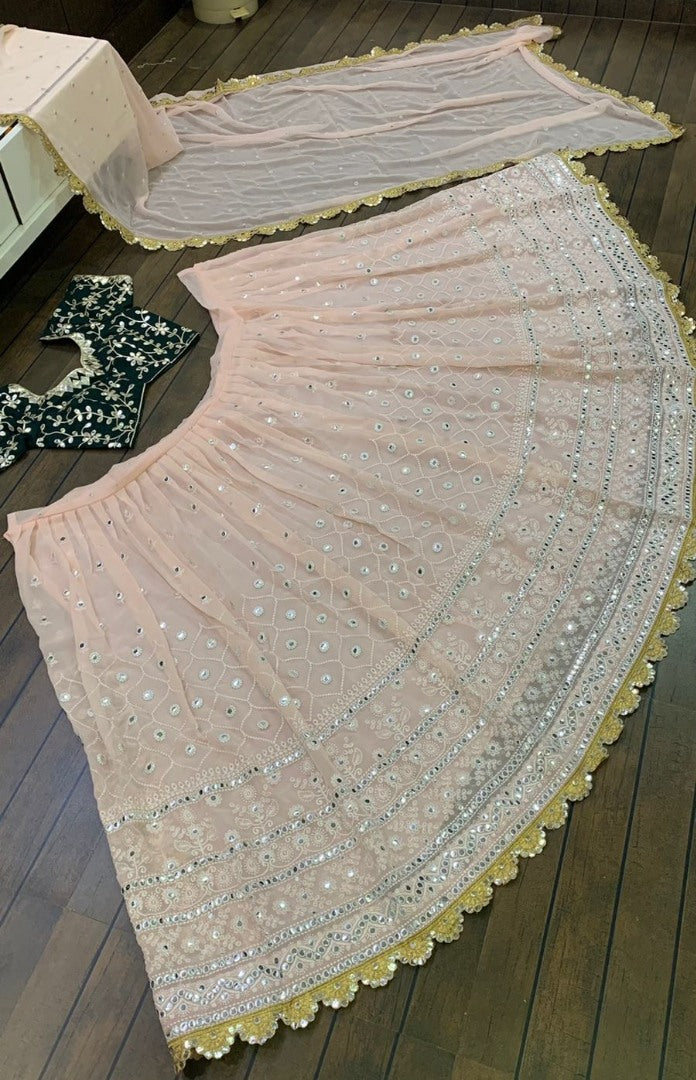 Light peach georgette thread and paper work wedding lehenga choli