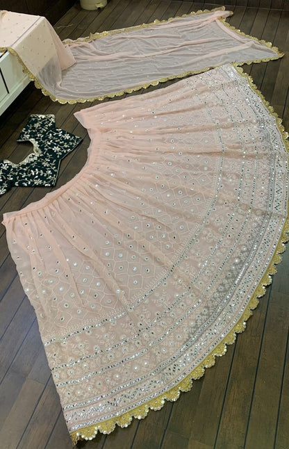 Light peach georgette thread and paper work wedding lehenga choli