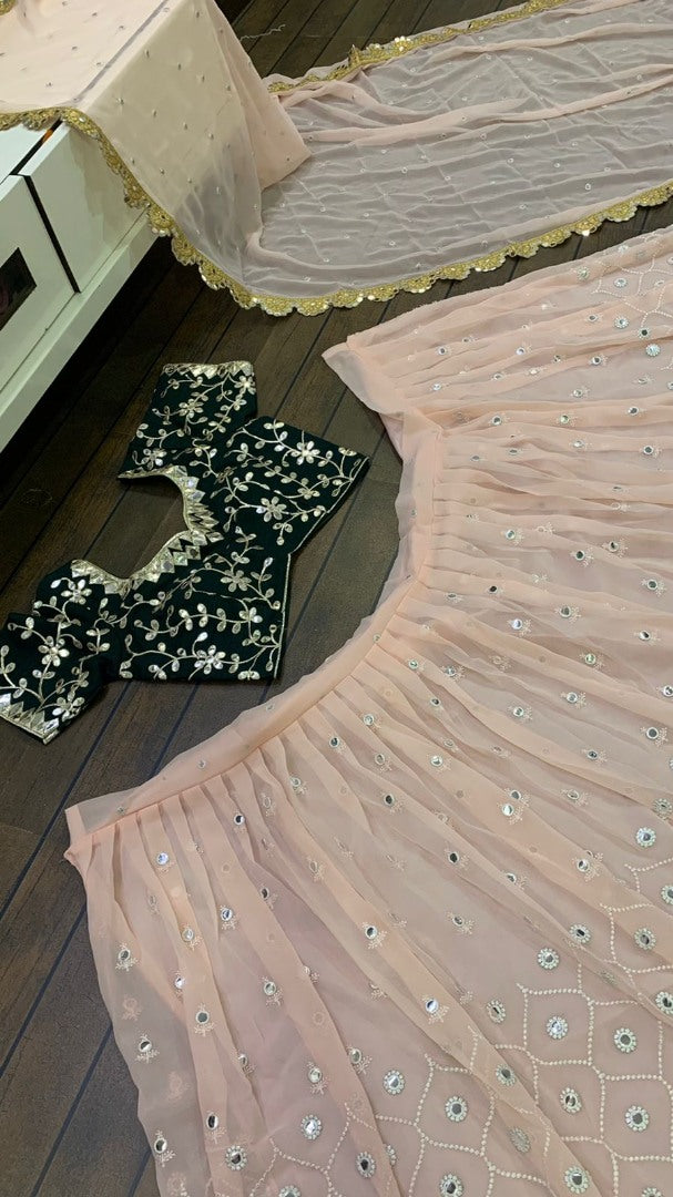 Light peach georgette thread and paper work wedding lehenga choli