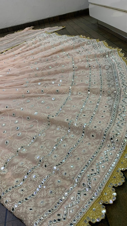 Light peach georgette thread and paper work wedding lehenga choli