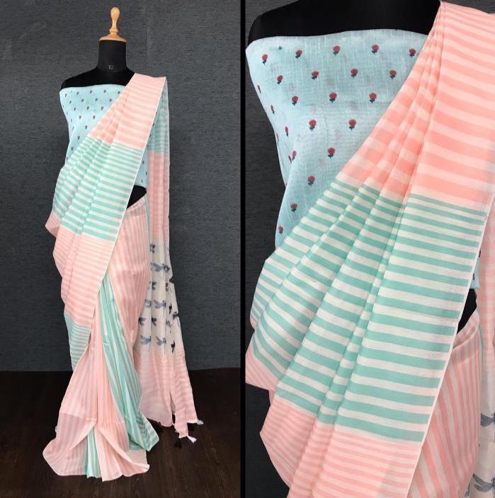 Light peach imported cotton digital printed work saree