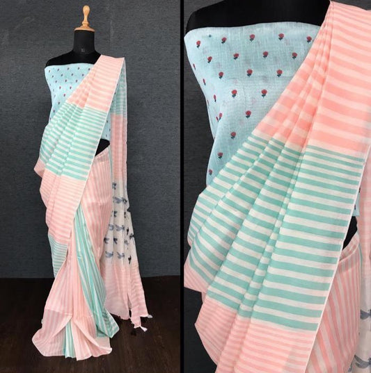 Light peach imported cotton digital printed work saree