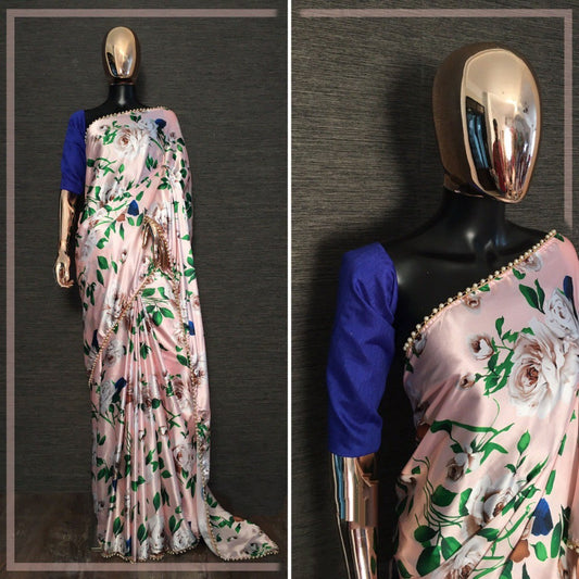 Light peach japan satin floral printed pearl border saree