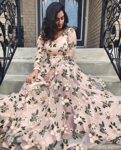 Light peach net embroidery work gown