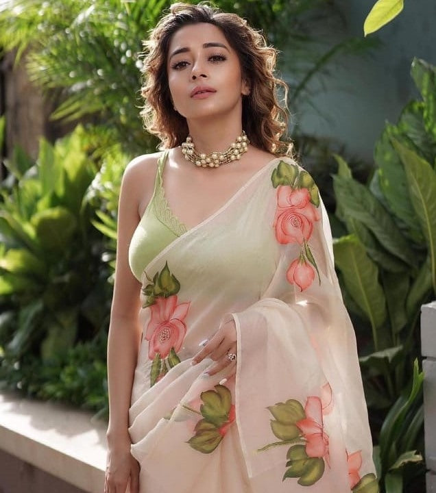 Light peach organza digital flower printed work ceremonial saree