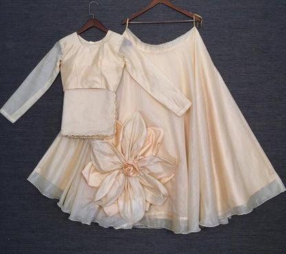 Light peach rajwadi chanderi silk hand made flower lehenga choli