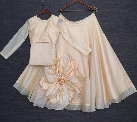 Light peach rajwadi chanderi silk hand made flower lehenga choli