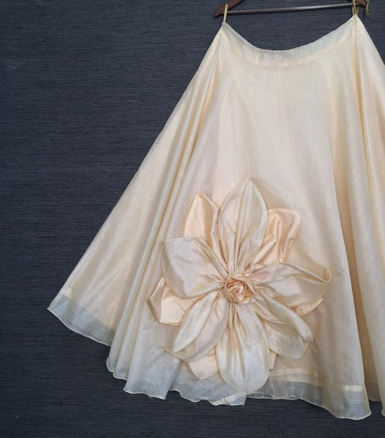 Light peach rajwadi chanderi silk hand made flower lehenga choli