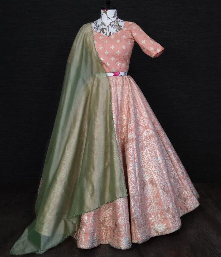 Light peach slub silk zari and foli work lehenga silk