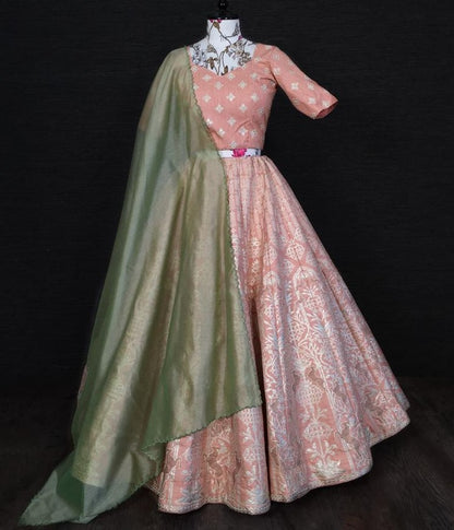 Light peach slub silk zari and foli work lehenga silk