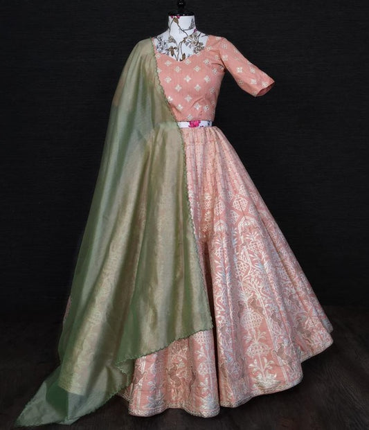 Light peach slub silk zari and foli work lehenga silk