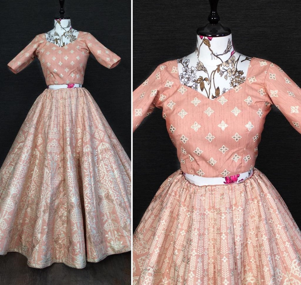 Light peach slub silk zari and foli work lehenga silk