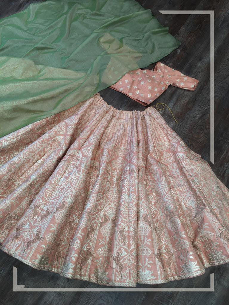 Light peach slub silk zari and foli work lehenga silk