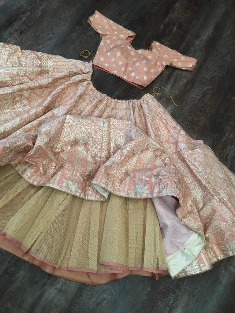 Light peach slub silk zari and foli work lehenga silk