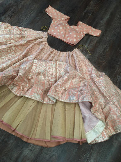 Light peach slub silk zari and foli work lehenga silk