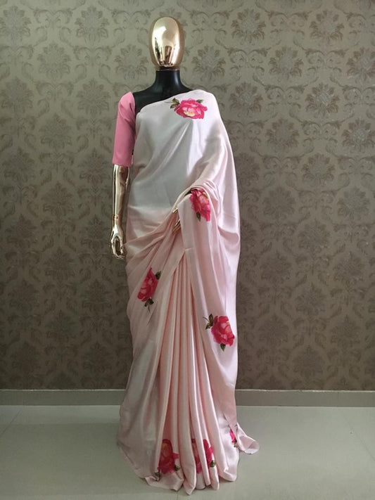 Light pink shaded white japan satin silk floral printed saree