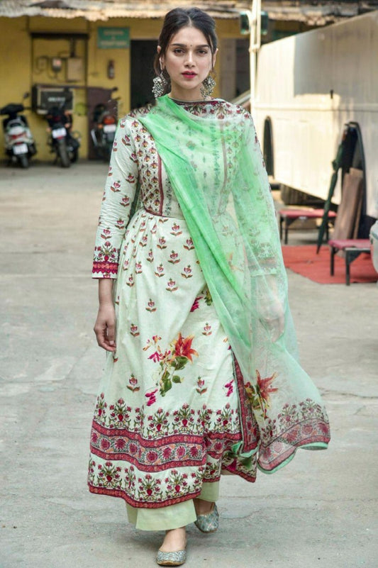 Light pista butter silk printed plazzo salwar suit