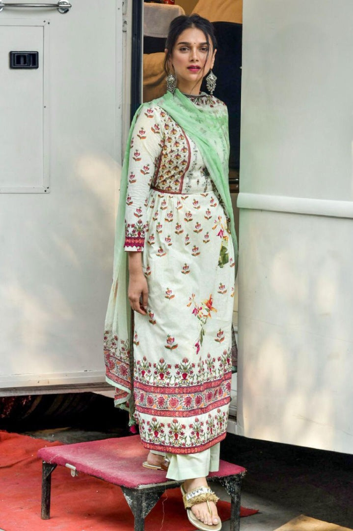 Light pista butter silk printed plazzo salwar suit