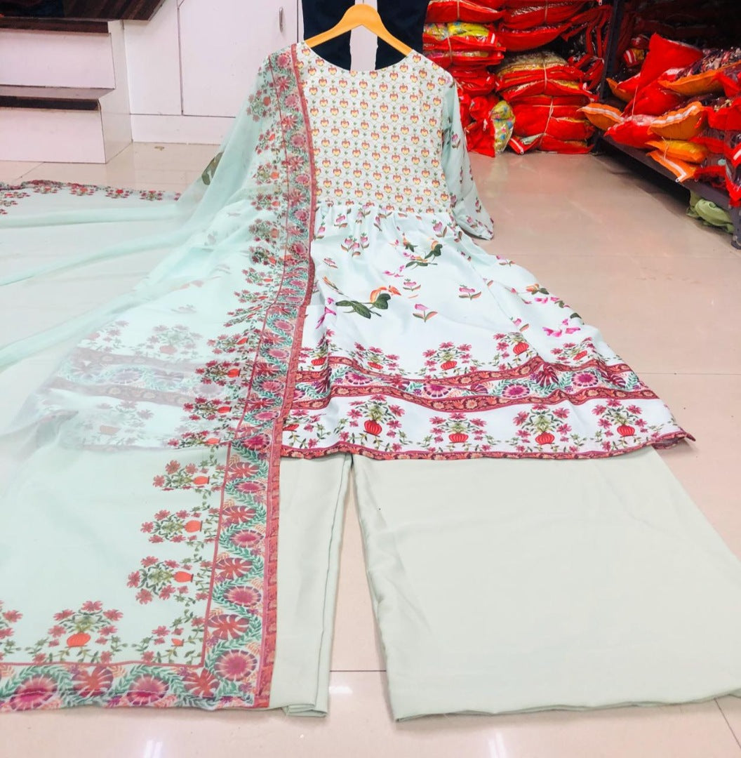 Light pista butter silk printed plazzo salwar suit