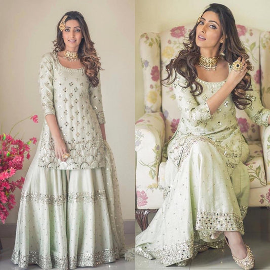 Light pista green designer plazzo suit