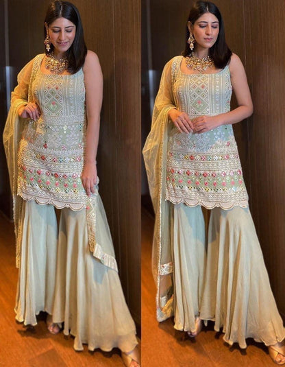 Light pista green georgette thread work sharara salwar suit