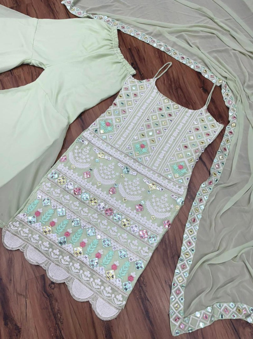 Light pista green georgette thread work sharara salwar suit