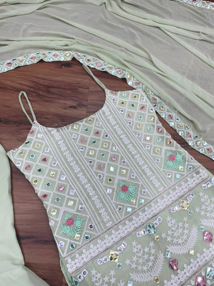 Light pista green georgette thread work sharara salwar suit