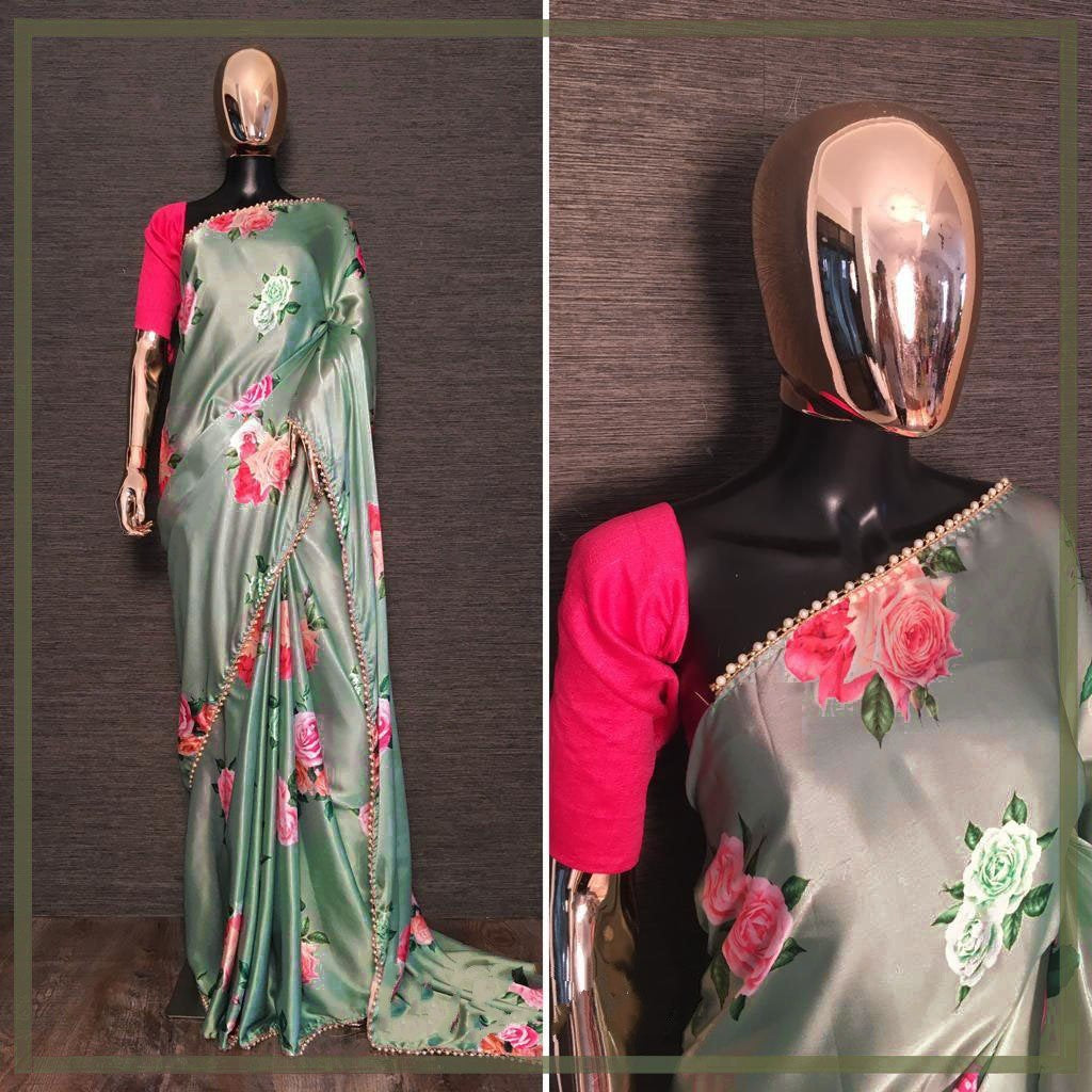 Light pista green heavy japan satin floral printed saree