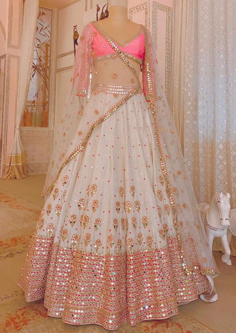 Light pista green mulberry silk paper mirror wedding lehenga choli