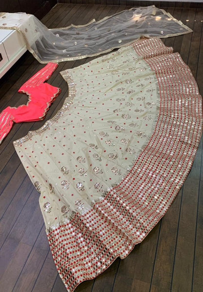 Light pista green mulberry silk paper mirror wedding lehenga choli