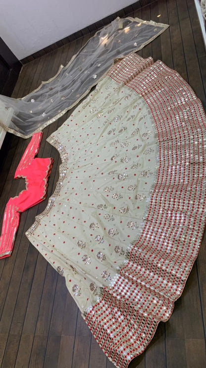 Light pista green mulberry silk paper mirror wedding lehenga choli